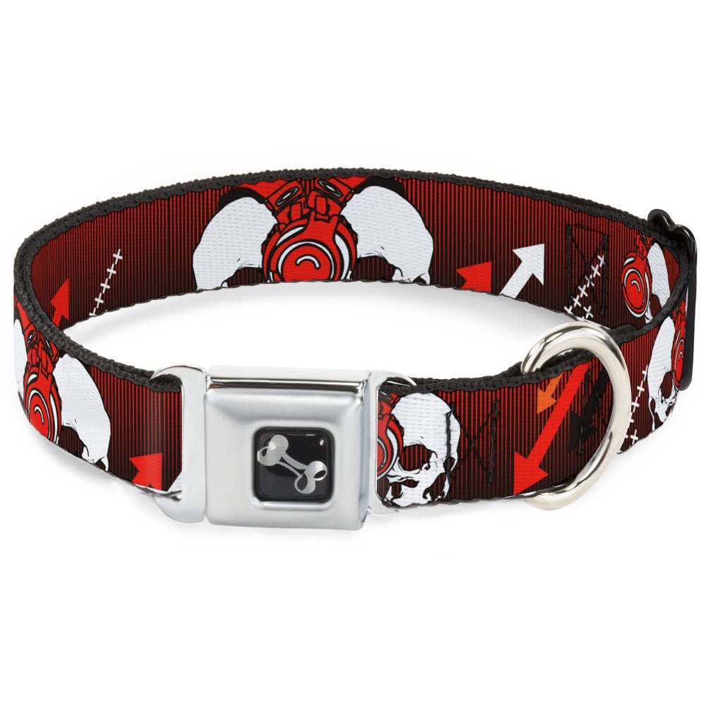 Dog Collar Seatbelt Buckle DJ Skulls Up Down Black Red 13 to 18 Inches 1.5 Inch Wide