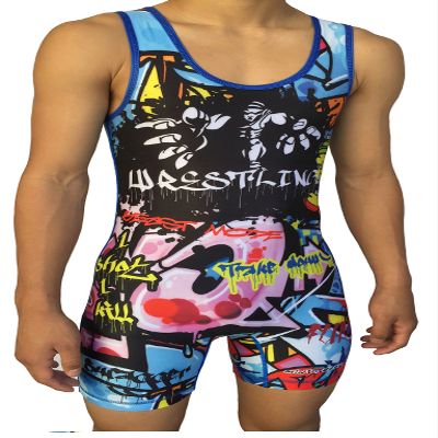 TRI-TITANS Limited Edition Blue Graffiti Wrestling Singlet Folkstyle Youths & Adult Men's (Adult XS: 100lbs-125lbs)