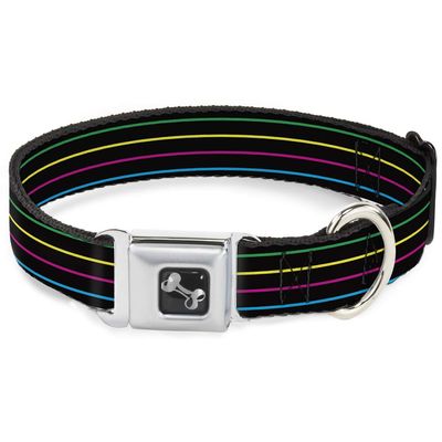 Dog Collar Seatbelt Buckle Pinstripes Black Multi Color 15 to 26 Inches 1.0 Inch Wide