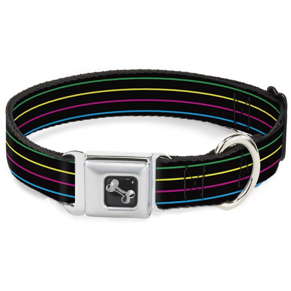 Dog Collar Seatbelt Buckle Pinstripes Black Multi Color 15 to 26 Inches 1.0 Inch Wide