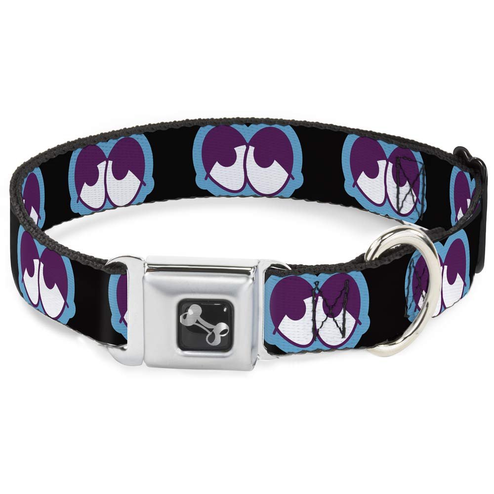 Dog Collar Seatbelt Buckle Dopey Eyes Black Baby Blue Purple 15 to 26 Inches 1.0 Inch Wide