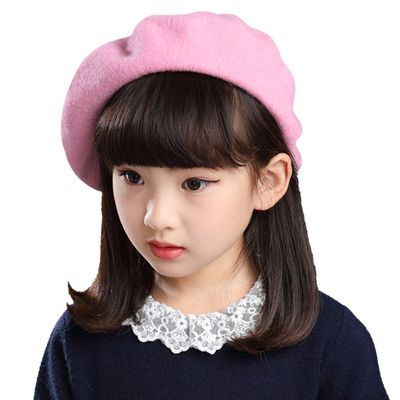 Baby Kids Girls Boys 100% Wool French Beret Cap Classic Parisian Hat Solid Color French Artist Beret Tam Winter Warm Bailey Hat Dome Beanie Cap Hat Headwear for Children (Pink)