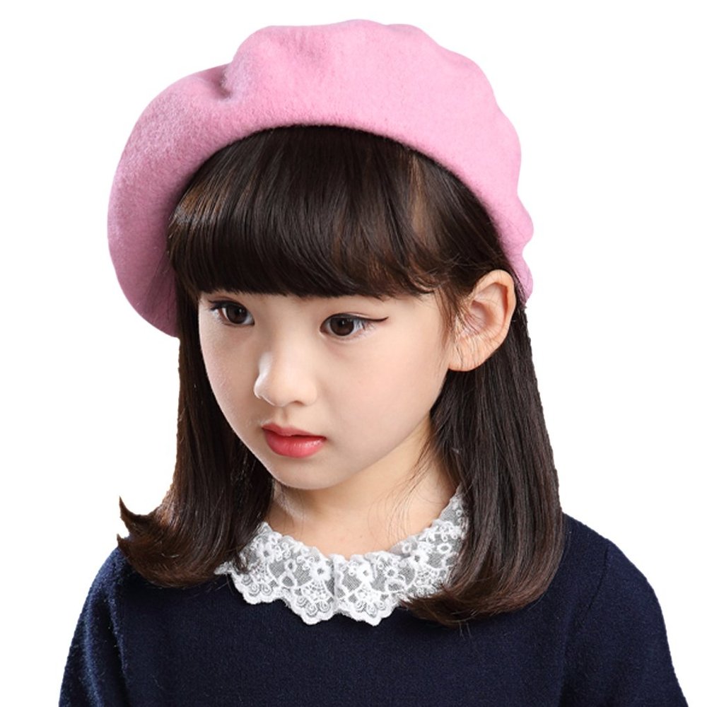 Baby Kids Girls Boys 100% Wool French Beret Cap Classic Parisian Hat Solid Color French Artist Beret Tam Winter Warm Bailey Hat Dome Beanie Cap Hat Headwear for Children (Pink)