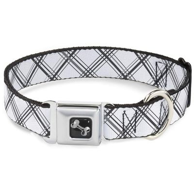 Dog Collar Seatbelt Buckle Plaid X White Gray 15 to 26 Inches 1.0 Inch Wide