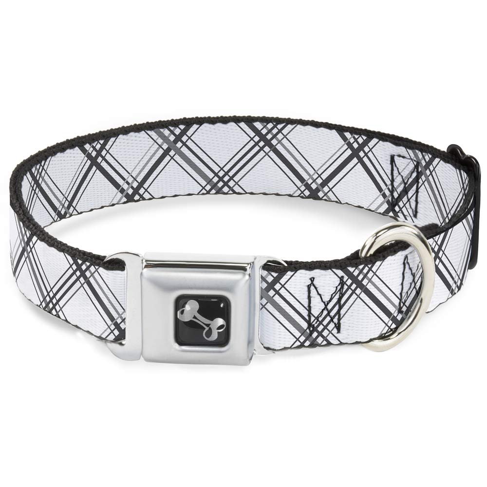 Dog Collar Seatbelt Buckle Plaid X White Gray 15 to 26 Inches 1.0 Inch Wide