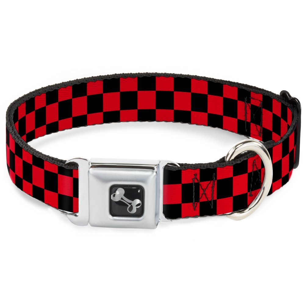 Dog Collar Bone - Checker Black HT Red - Large 15-26"