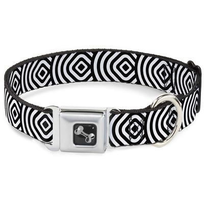 Dog Collar Seatbelt Buckle Square Target White Black 15 to 26 Inches 1.0 Inch Wide