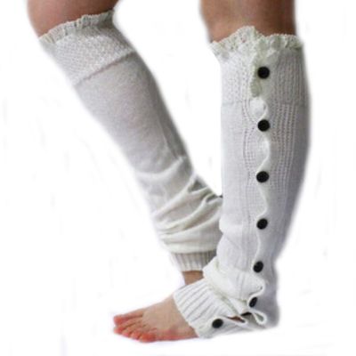 Ewanda store Women 80s Knitted Flat Knee High Button Down Crochet Lace Trim Leg Warmers,White