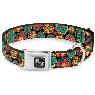 Dog Collar Seatbelt Buckle Boho Mandala Black Yellow Turquoise Orange 18 to 32 Inches 1.5 Inch Wide