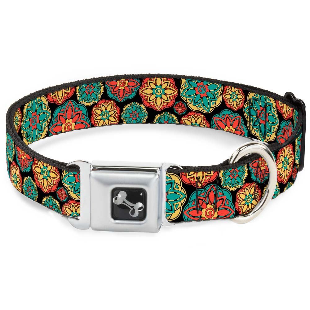 Dog Collar Seatbelt Buckle Boho Mandala Black Yellow Turquoise Orange 18 to 32 Inches 1.5 Inch Wide