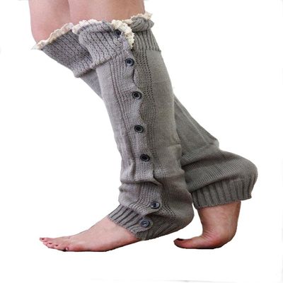 Ewanda store Women 80s Knitted Flat Knee High Button Down Crochet Lace Trim Leg Warmers,Light Grey