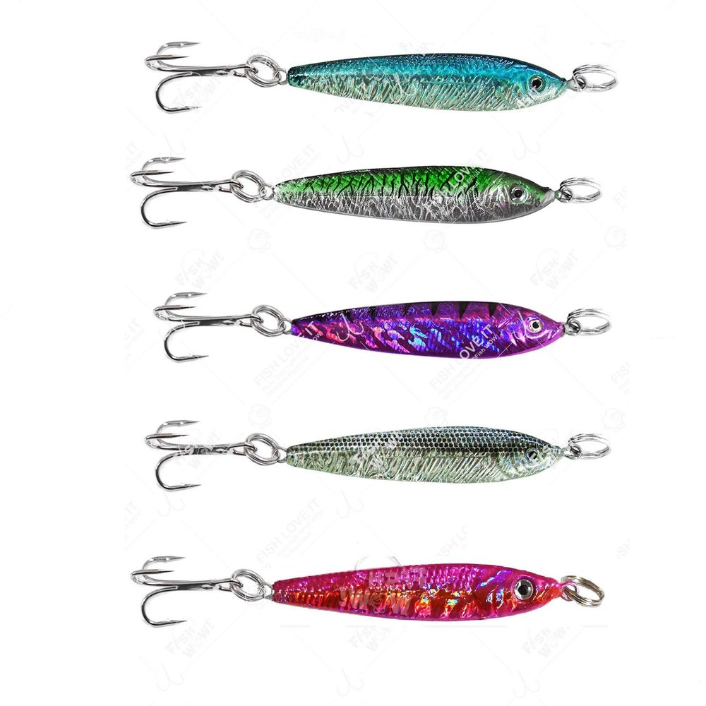 5pcs 2.5oz Fish WOW! Fish Metal Bait Jig 2-1/2oz Mega Live Lure with a Treble Hook -5 Colors- Black, Blue, Pink, Glow, Blue Sardine