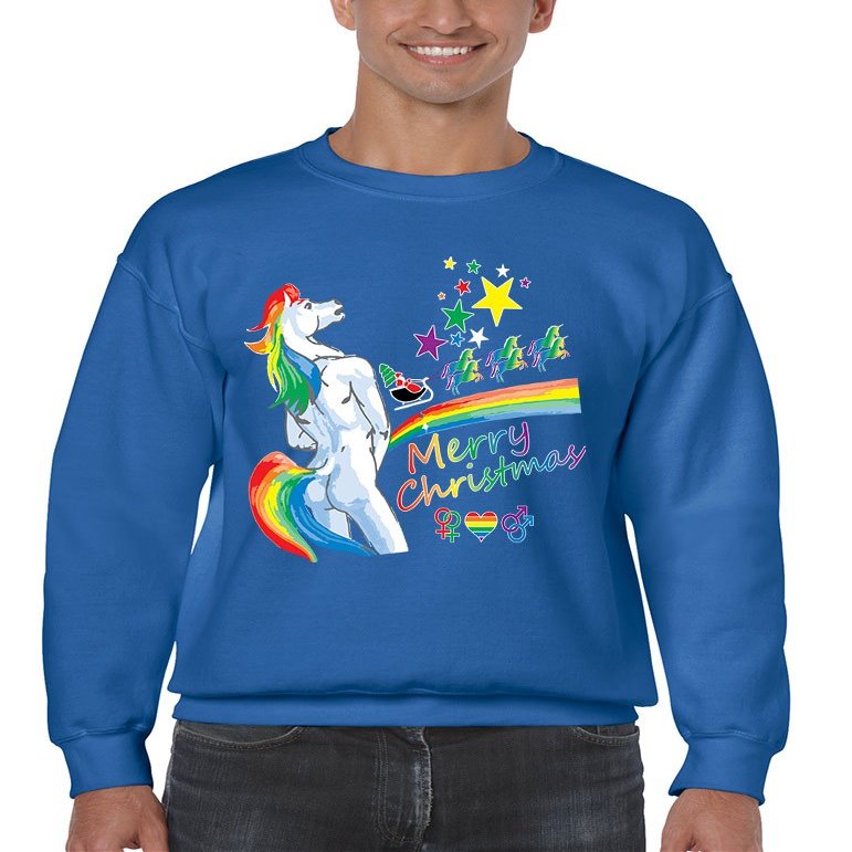 ALLNTRENDS Men's Crewneck Unicorn Rainbow Gay Pride Ugly Christmas Top (L, Royal Blue)
