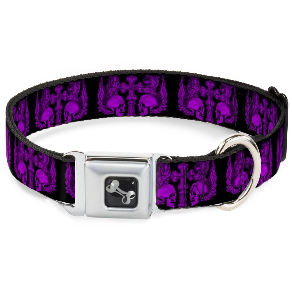 Dog Collar Seatbelt Buckle Buckle Down Skulls Wings Black Purple 16 to 23 Inches 1.5 Inch Wide