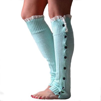 Ewanda store Women 80s Knitted Flat Knee High Button Down Crochet Lace Trim Leg Warmers,Lake Blue