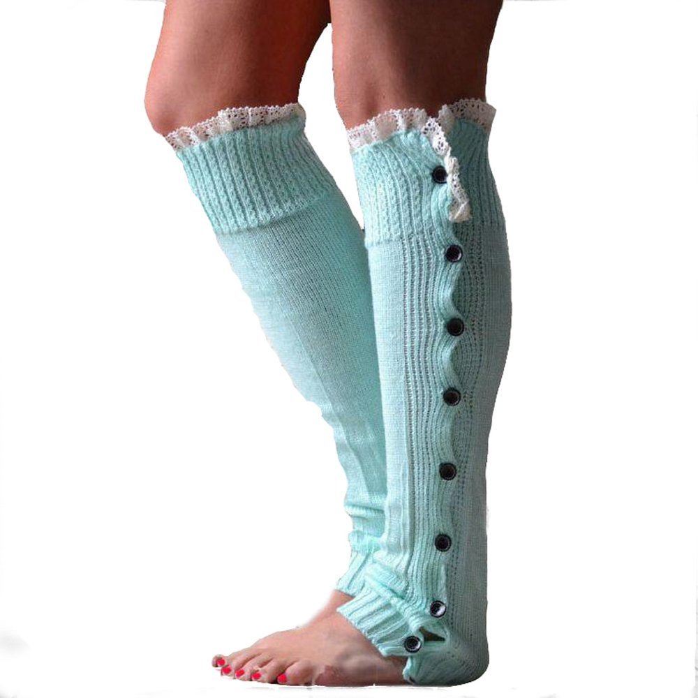 Ewanda store Women 80s Knitted Flat Knee High Button Down Crochet Lace Trim Leg Warmers,Lake Blue