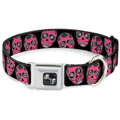 Dog Collar Seatbelt Buckle Sugar Skulls Black White Fuchsia 11 to 17 Inches 1.0 Inch Wide