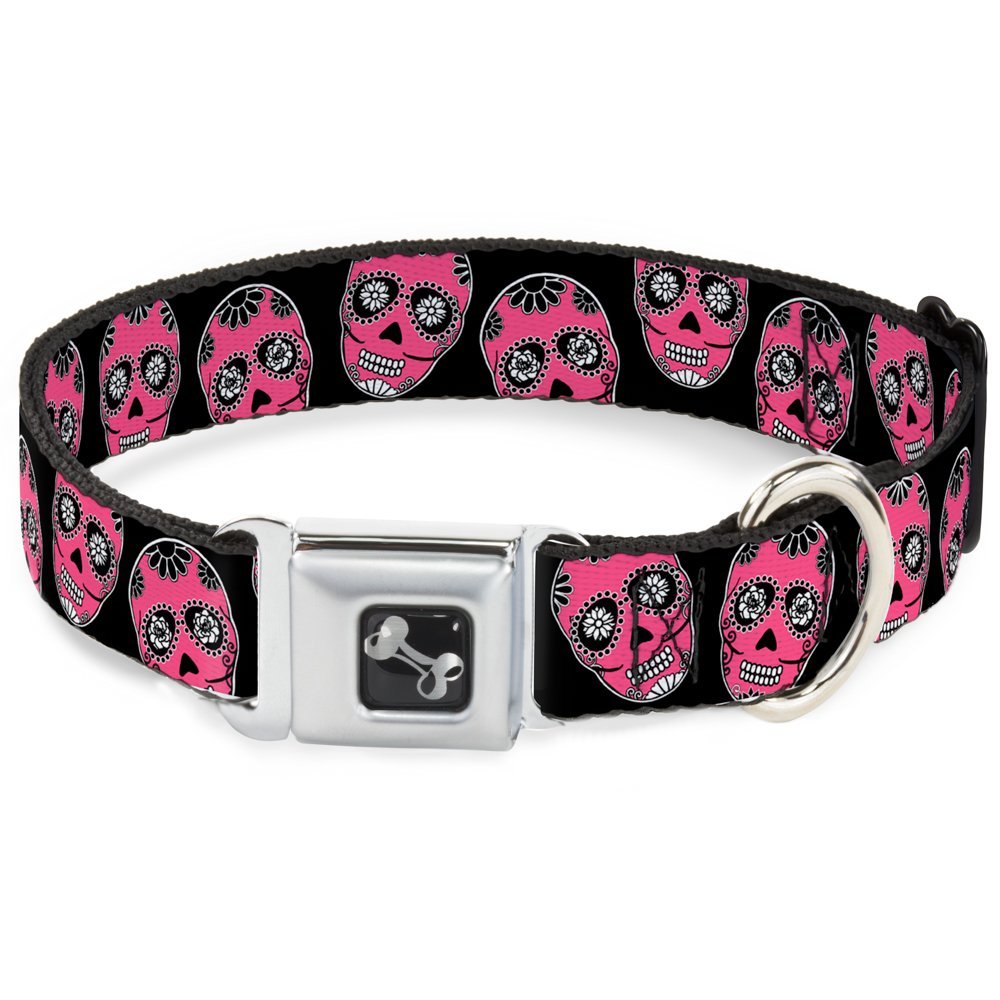 Dog Collar Seatbelt Buckle Sugar Skulls Black White Fuchsia 11 to 17 Inches 1.0 Inch Wide