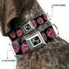 Dog Collar Seatbelt Buckle Sugar Skulls Black White Fuchsia 11 to 17 Inches 1.0 Inch Wide view 2