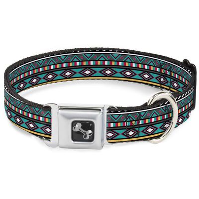 Buckle-Down Dog Collar Seatbelt Buckle Geometric5 Gray Teal White Pink Yellow 15 to 26 Inches 1.0 Inch Wide, Multicolor, DC-W30759-L