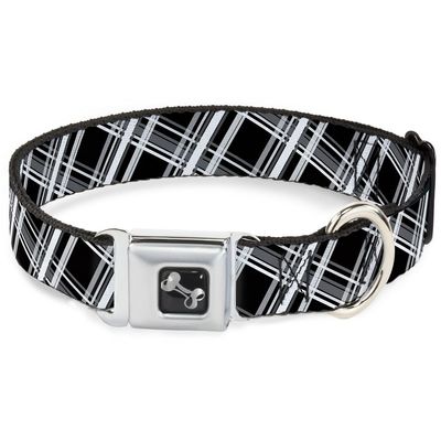 Dog Collar Seatbelt Buckle Plaid X2 Black Grays White 15 to 26 Inches 1.0 Inch Wide