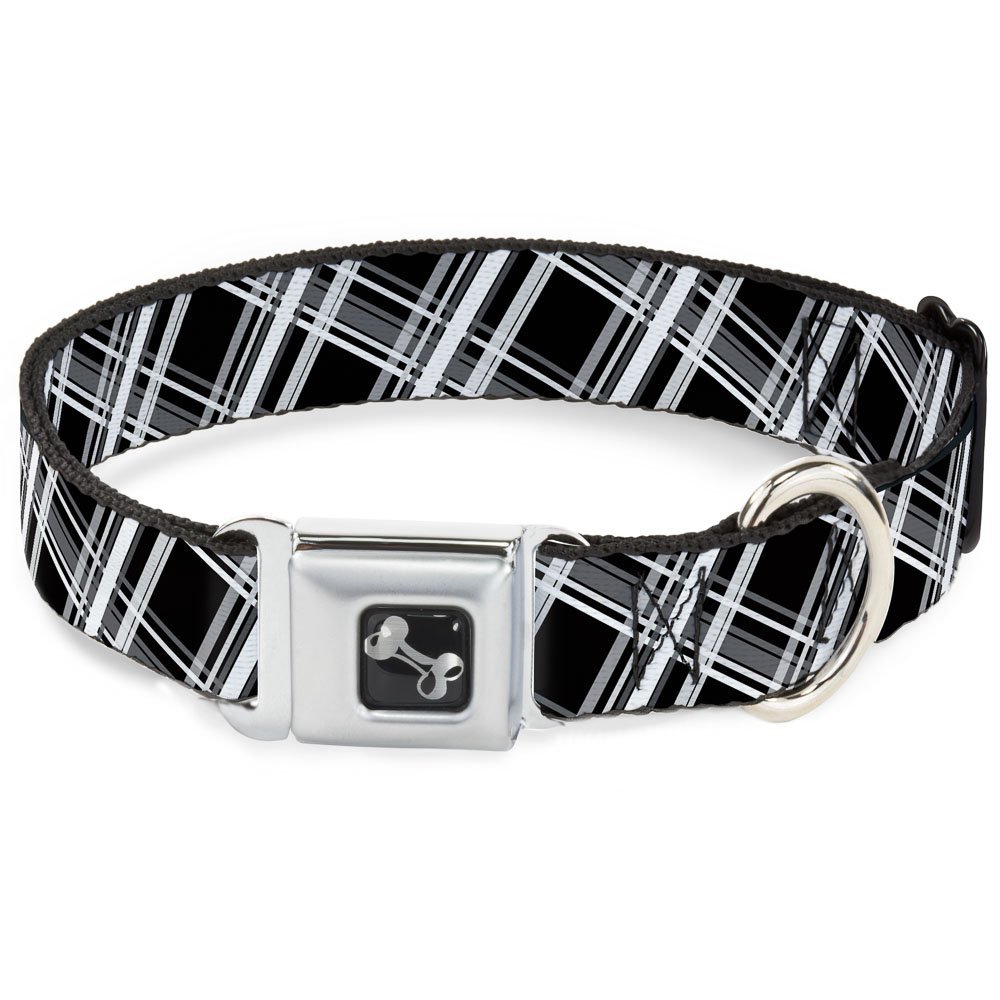Dog Collar Seatbelt Buckle Plaid X2 Black Grays White 15 to 26 Inches 1.0 Inch Wide