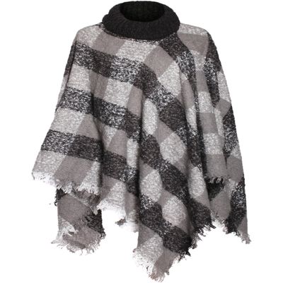 2LUV Women's Plaid Print Turtleneck Poncho W/Fringe Trim Black White OS
