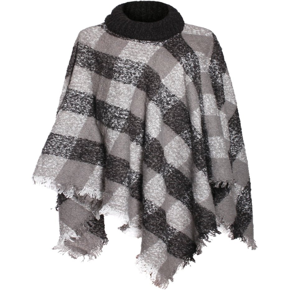 2LUV Women's Plaid Print Turtleneck Poncho W/Fringe Trim Black White OS