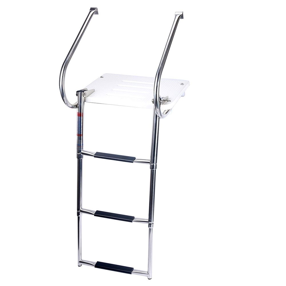 Amarine Made 3 Step in-Board Outboard Transom Platform Telescoping Boat Ladder Stainless Steel Swim Platform for Swimming Pool Pontoon Dock Collapsible Step Ladder with 2 Handrails