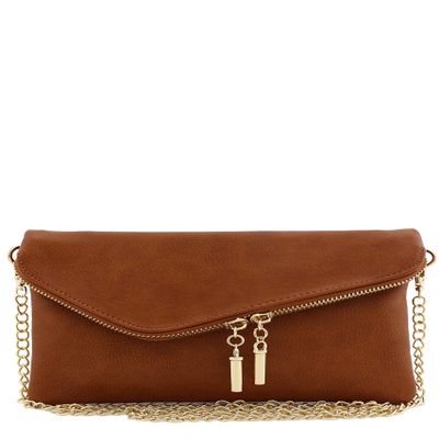 FashionPuzzle Envelope Wristlet Clutch Crossbody Bag with Chain Strap (Dark Tan) One Size