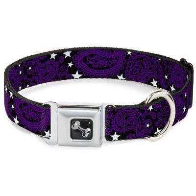Dog Collar Seatbelt Buckle Paisley Stars Black Purple White 18 to 32 Inches 1.5 Inch Wide