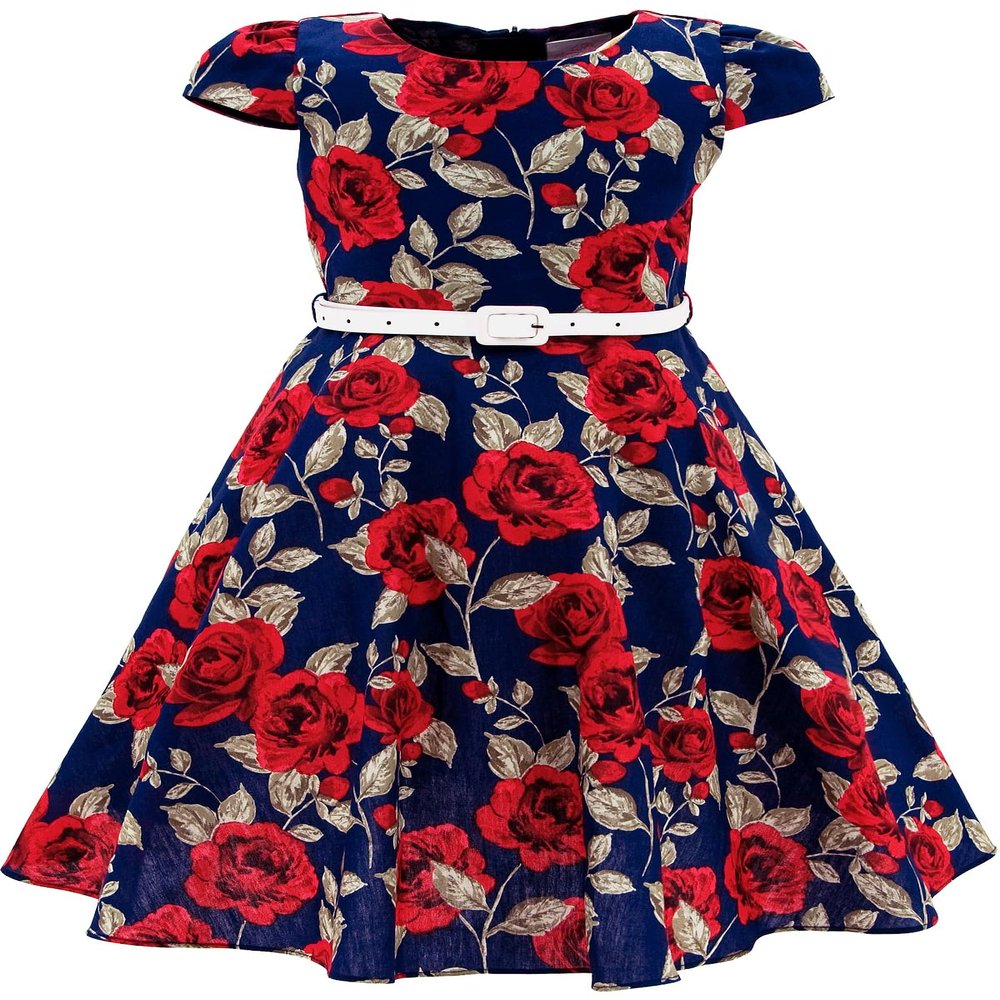 Bonny Billy Little Girls Classy Vintage Floral Swing Kids Party Dress with Belt 4-5 Years Red