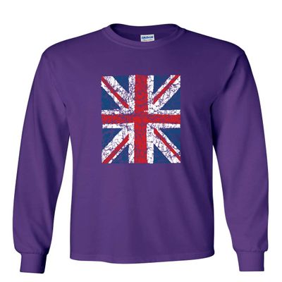 Union Jack Long Sleeve T-Shirt United Kingdom Distressed British Flag Tee Purple Small