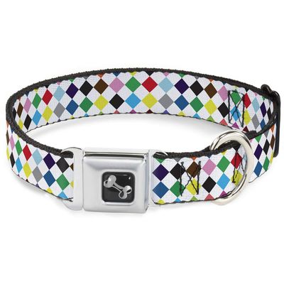 Dog Collar Seatbelt Buckle Diamonds White Multi Color 13 to 18 Inches 1.5 Inch Wide
