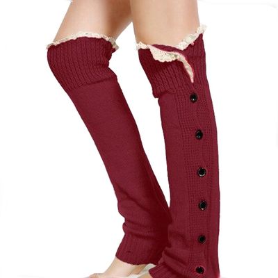 Ewanda store Women 80s Knitted Flat Knee High Button Down Crochet Lace Trim Leg Warmers,Red