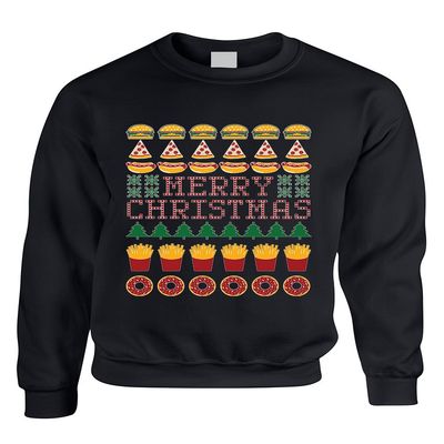 ALLNTRENDS Adult Crewneck Junk Food Merry Christmas Ugly Sweater Humor Top (L, Black)