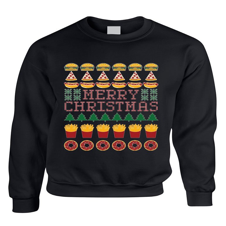 ALLNTRENDS Adult Crewneck Junk Food Merry Christmas Ugly Sweater Humor Top (L, Black)
