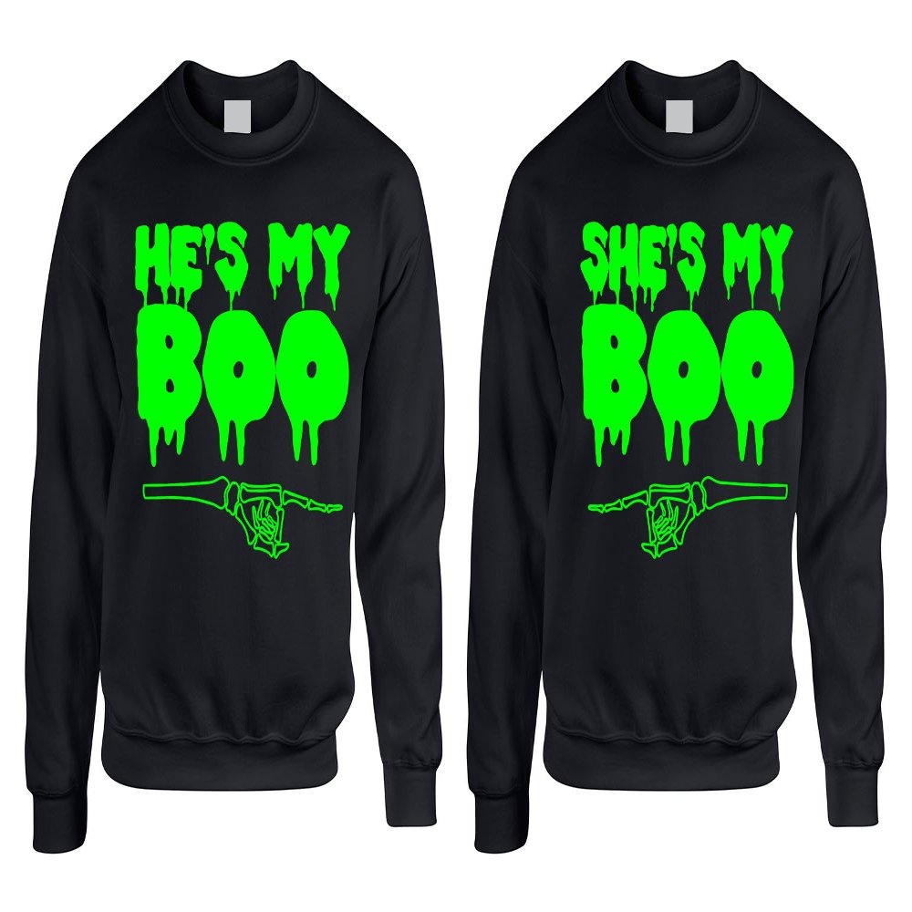 ALLNTRENDS Couple Crewneck He's She's My Boo Halloween Costume Top Idea (Womens S Mens S, Black)