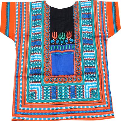 RaanPahMuang Childrens African Dashiki Long Style Shirt - Short Sleeve 2 Pockets, Small, Black Orange Blue