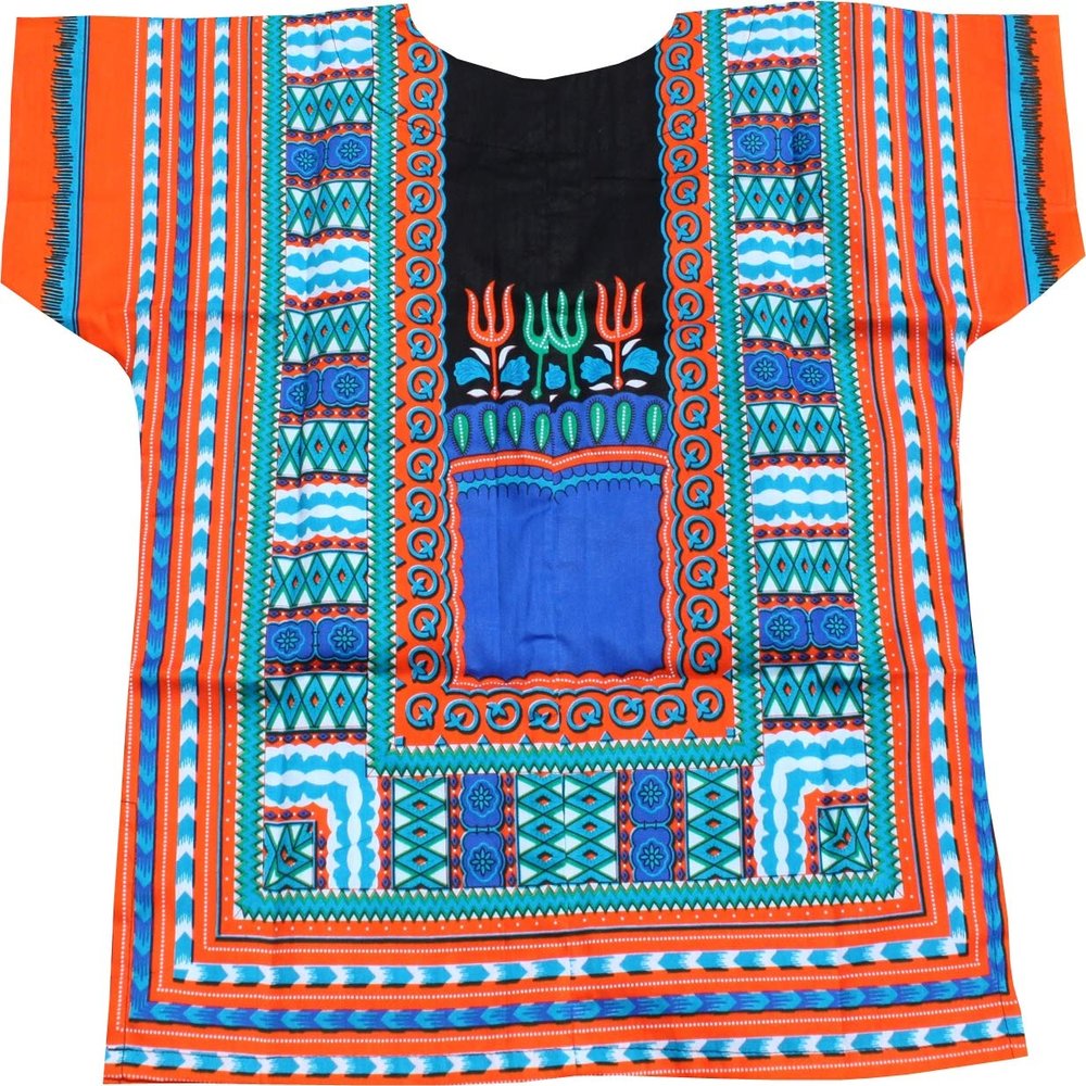 RaanPahMuang Childrens African Dashiki Long Style Shirt - Short Sleeve 2 Pockets, Small, Black Orange Blue