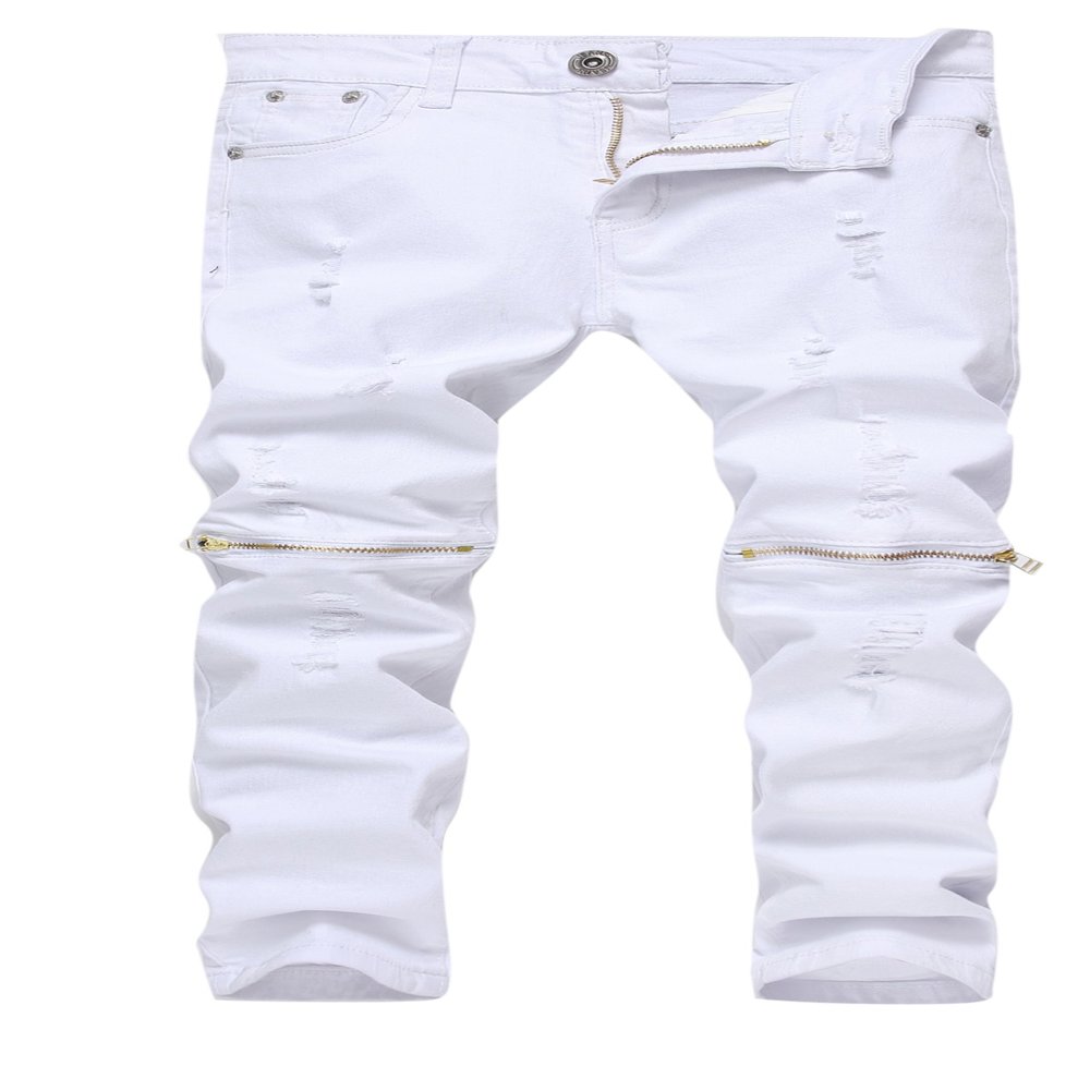 Boy's White Slim Fit Skinny Jeans Ripped Elastic Waist Pants with Zipper for Kids,White,12 Slim