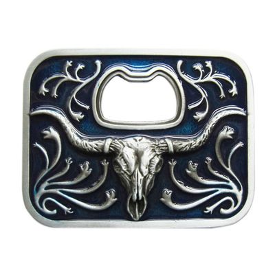Vintage Blue Enamel Western Long Horn Bull Bottle Opener Belt Buckle