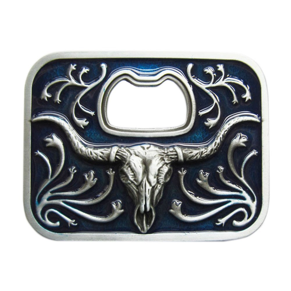 Vintage Blue Enamel Western Long Horn Bull Bottle Opener Belt Buckle