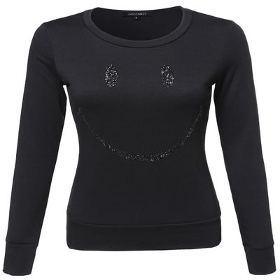 Awesome21 Glitter Smile Printed Long Sleeves Crew Neck Fashionable Sweatshirt Black Size S