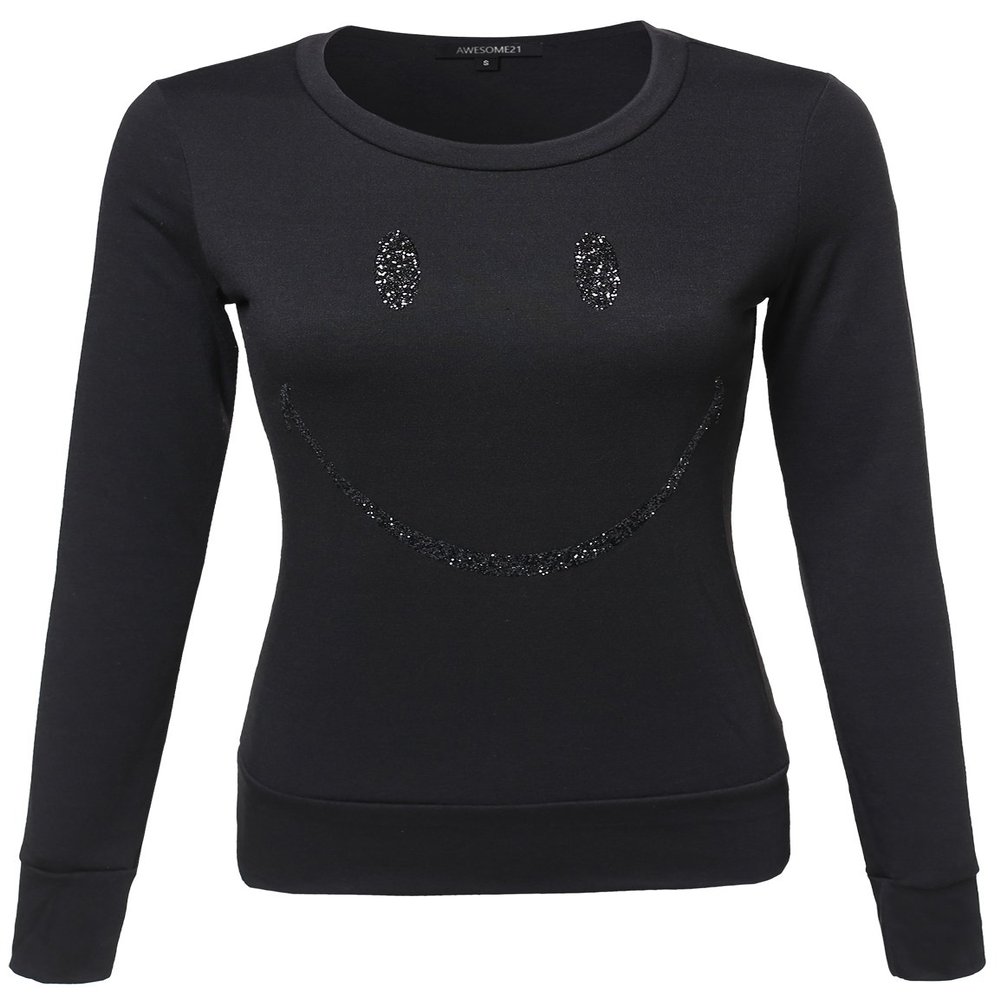 Awesome21 Glitter Smile Printed Long Sleeves Crew Neck Fashionable Sweatshirt Black Size S
