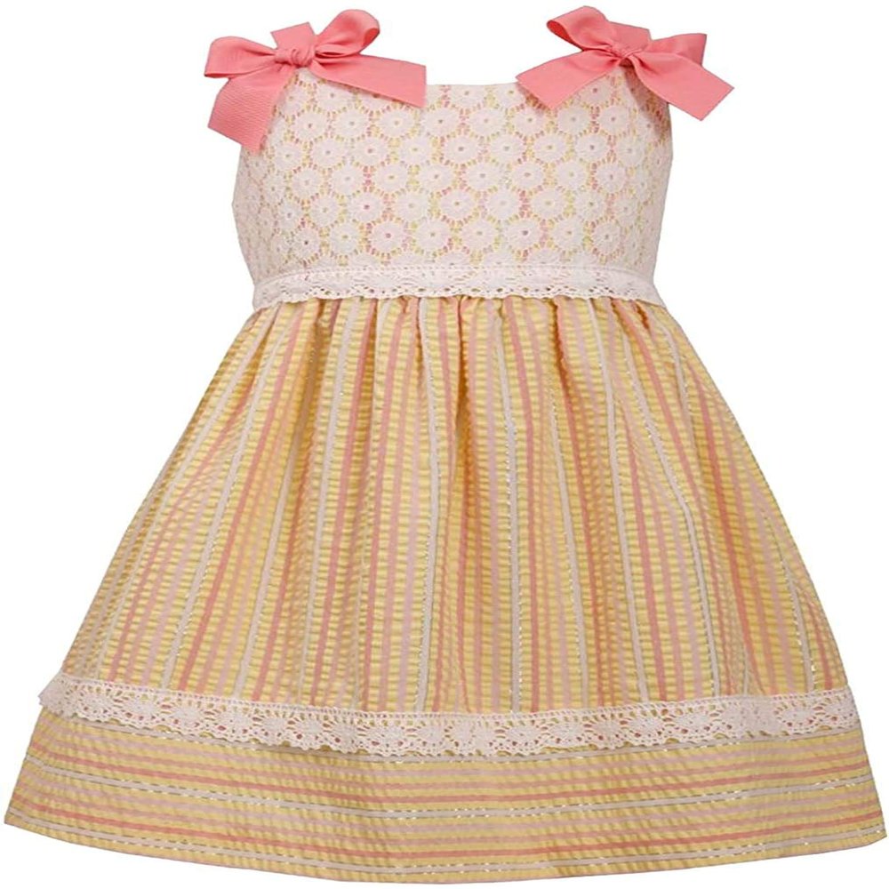 Bonnie Jean Toddler Girls Bow Shoulder Lace and Metallic Stripe Dress, Coral, 3T