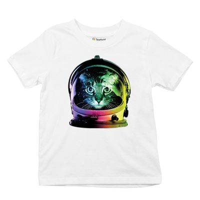 Space Cat Youth T-Shirt Astronaut Kitten Neon Galaxy Tee White Small