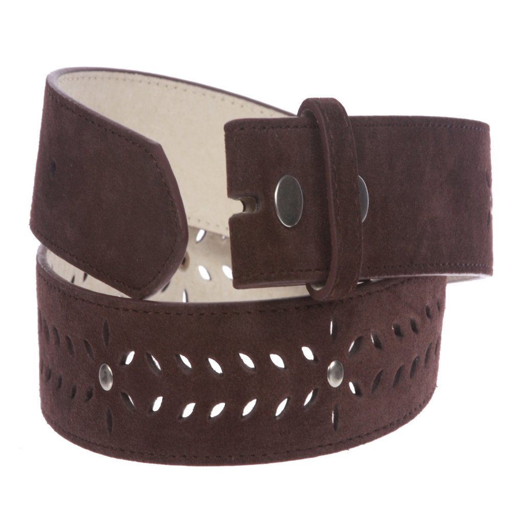 1 1/2" (38 mm) Snap on Suede Perforated Studded Leather Belt Strap, Brown | 30"