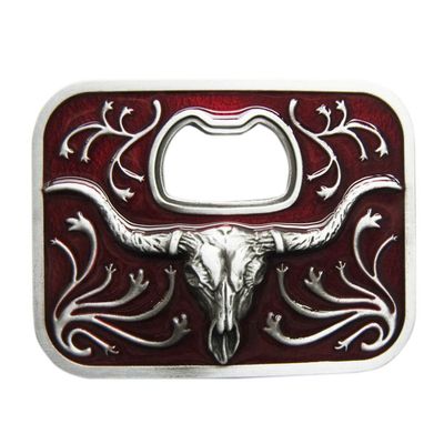 Vintage Red Enamel Western Long Horn Bull Bottle Opener Belt Buckle