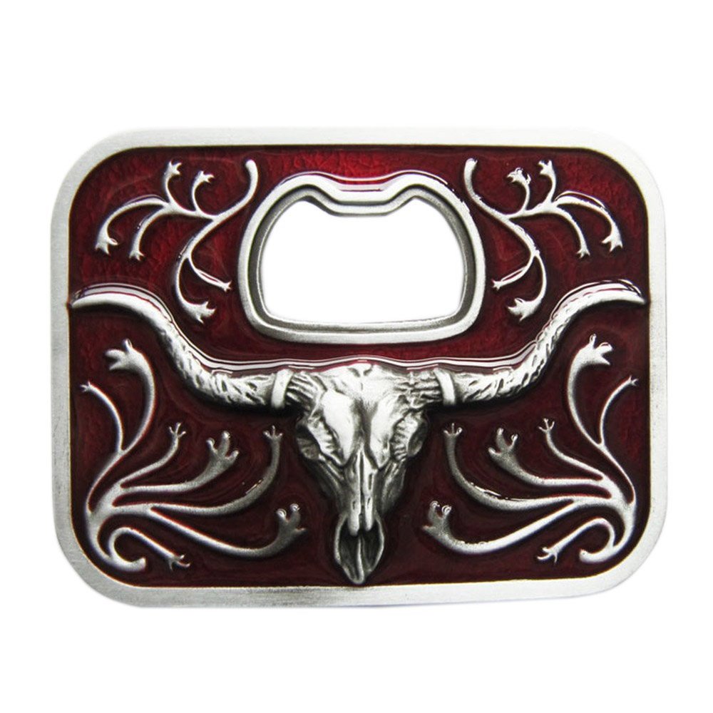 Vintage Red Enamel Western Long Horn Bull Bottle Opener Belt Buckle
